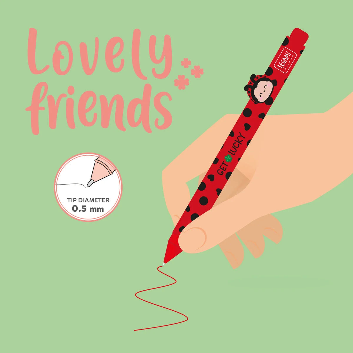 Legami Lovely Friends Gel Pen 0.5mm Red Ink - Ladybug "Get Lucky"