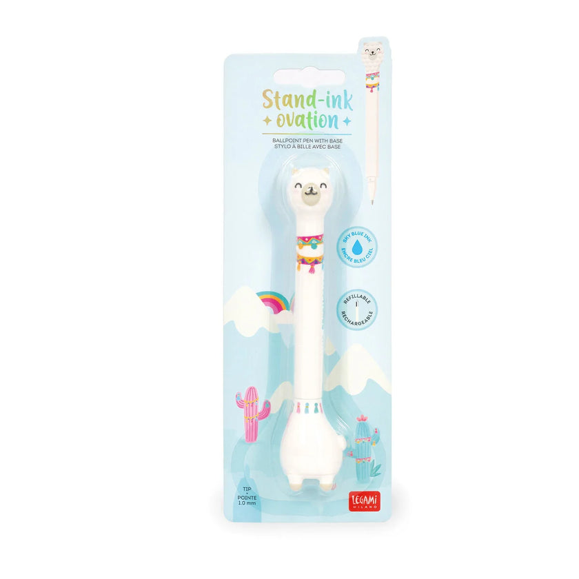 Legami Ballpoint Pen With Base - Stand-Ink Ovation - Llama / Sky Blue Ink