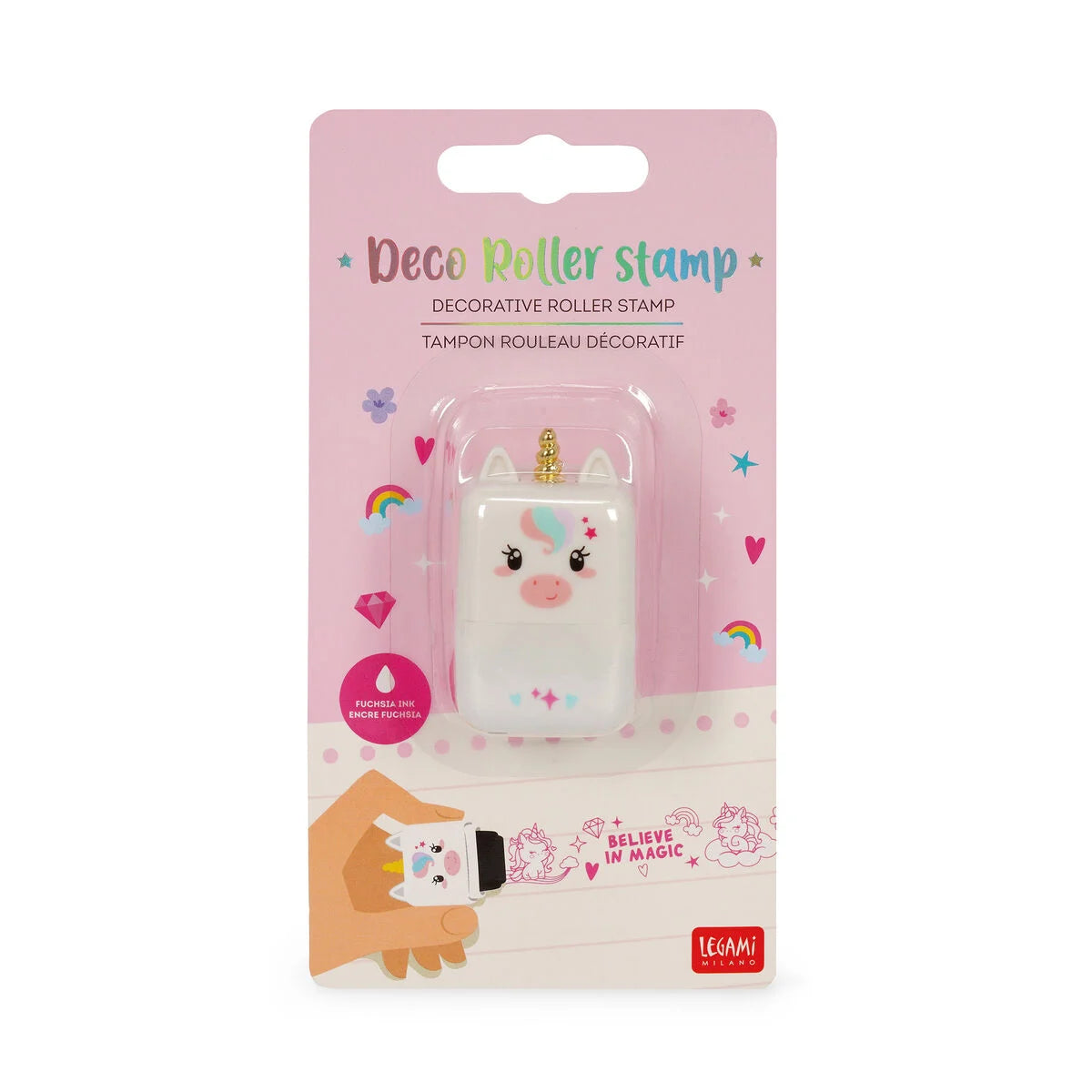 Legami Decorative Roller Stamp - Deco - Unicorn / Fuchsia Ink
