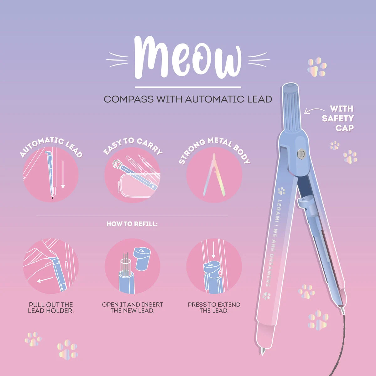 Legami Compass With Mechanical Pencil - Meow - Kitty Paw