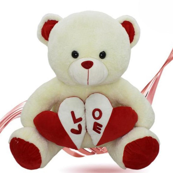 Plush Valentine's White Teddy Bear With 2 Heart Love 55cm