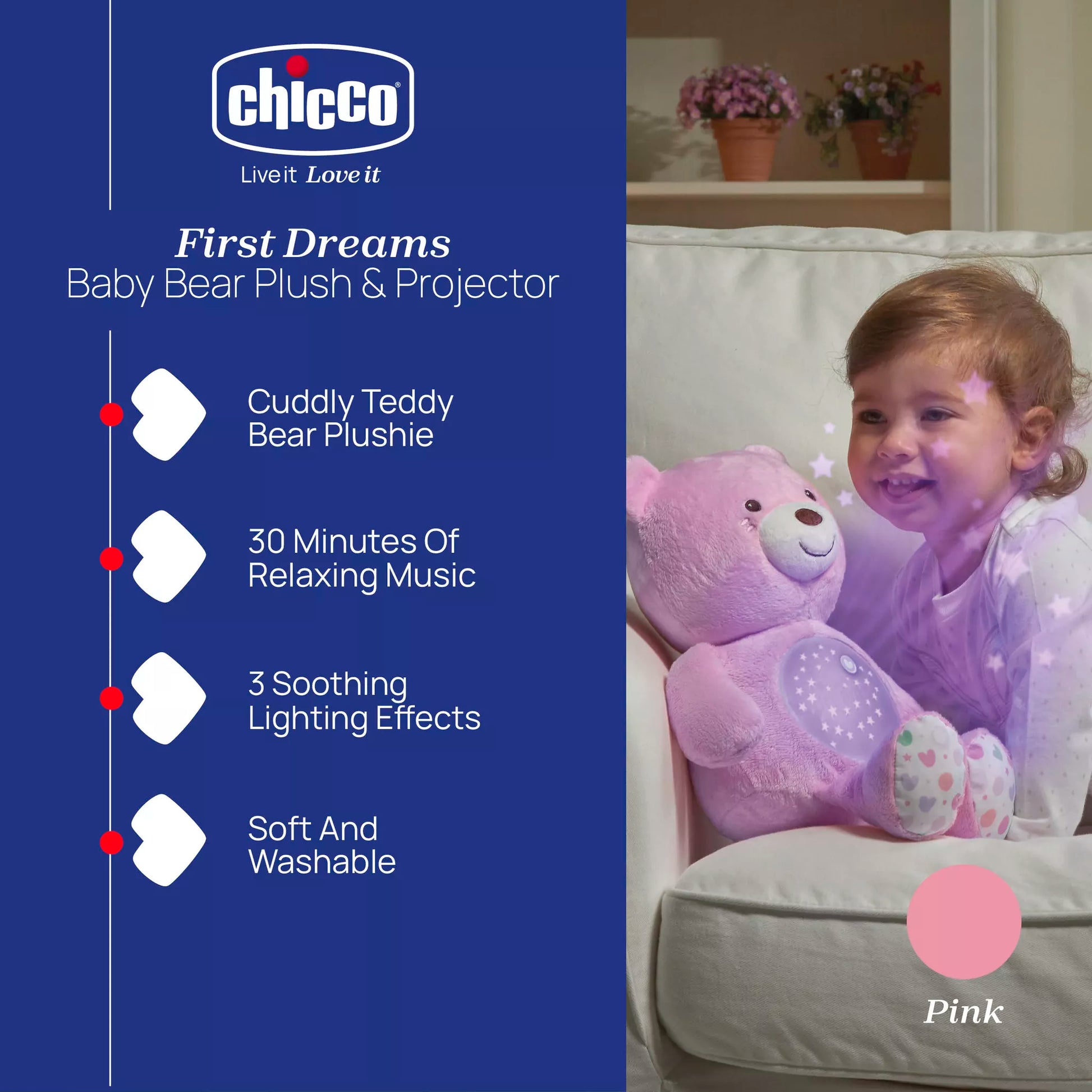 Chicco First Dreams Projector Plush - Baby Bear Pink +0m