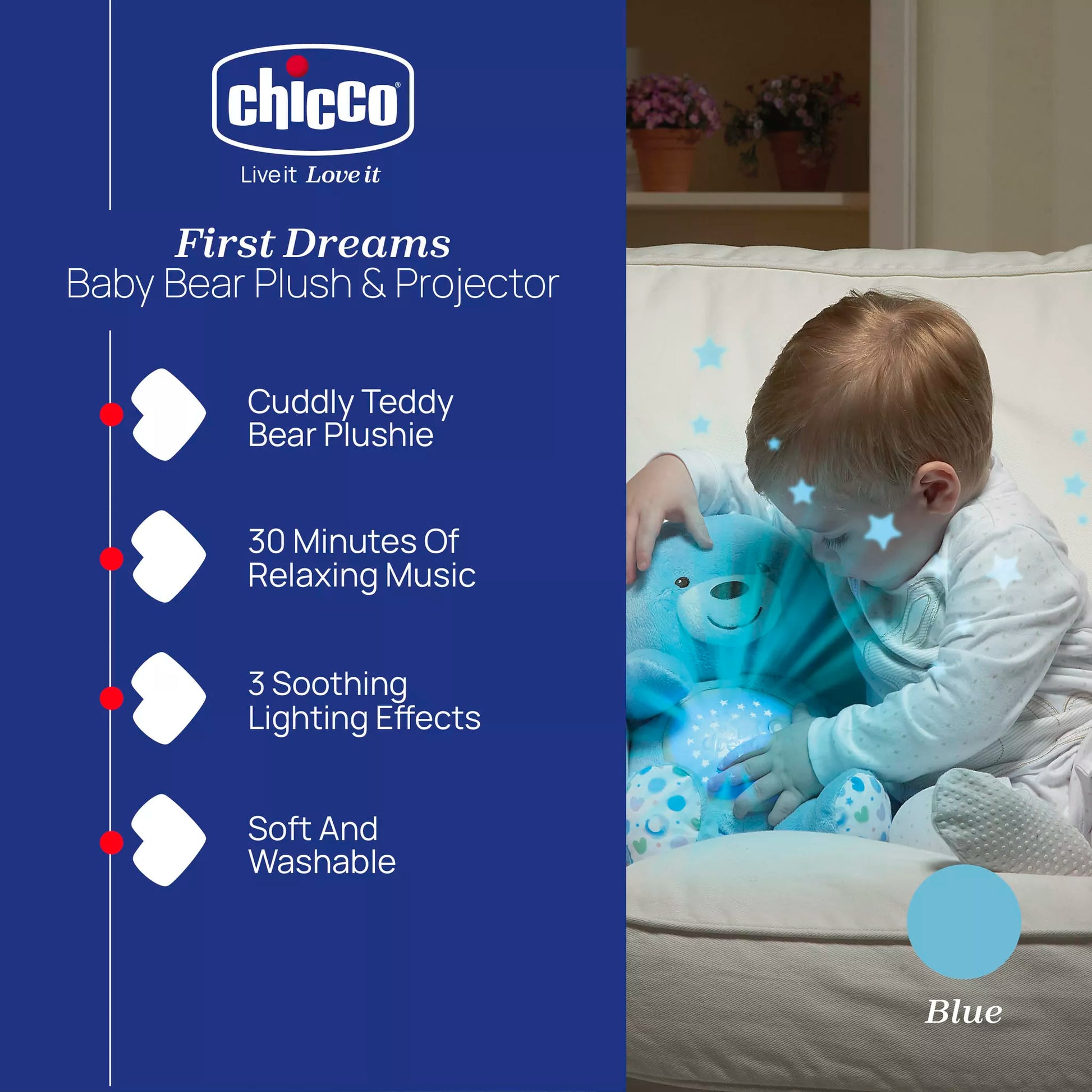 Chicco First Dreams Projector Plush - Baby Bear Blue +0m