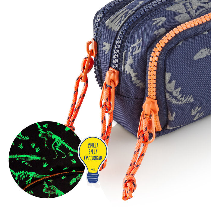 Miquelrius Triple Rectangular Pencil Case 21 x 10.5 x 6cm - Dino World Glow In The Dark