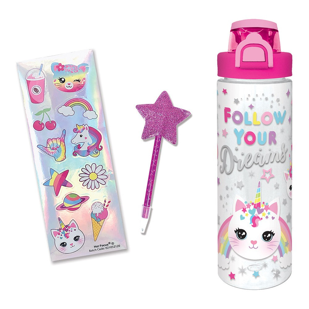 Hot Focus Unicorn Cat Writing Fun Pop-Up Water Bottle (700ml)