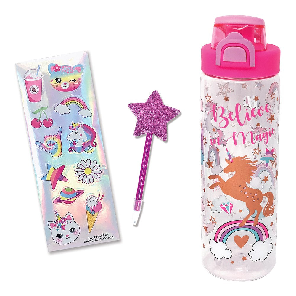 Hot Focus Stickers + Unicorn Pop-Up Water Bottle (700ml)