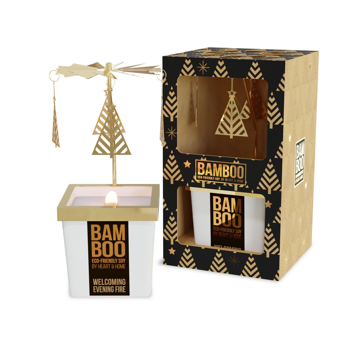 H&H Bamboo Candle & Carousel Gift Set - Welcoming Evening Fire