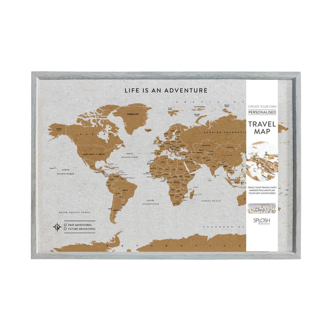 Splosh Travel World Map Board 31 x 45cm - Grey