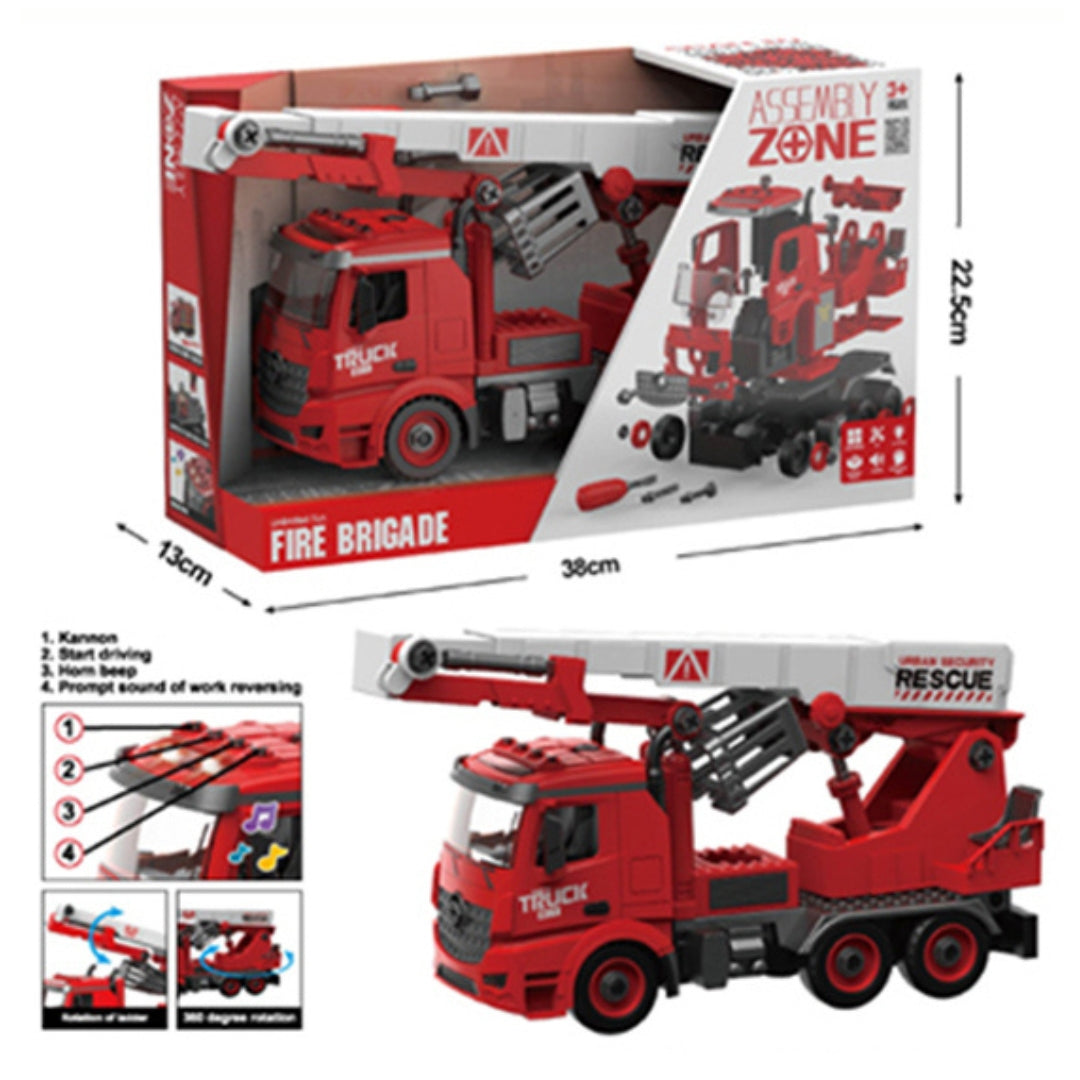 Assembly Zone Unlimited Fun Fire Brigade - Cherry Picker - Truck DIY (Friction Car With Light & Sound)