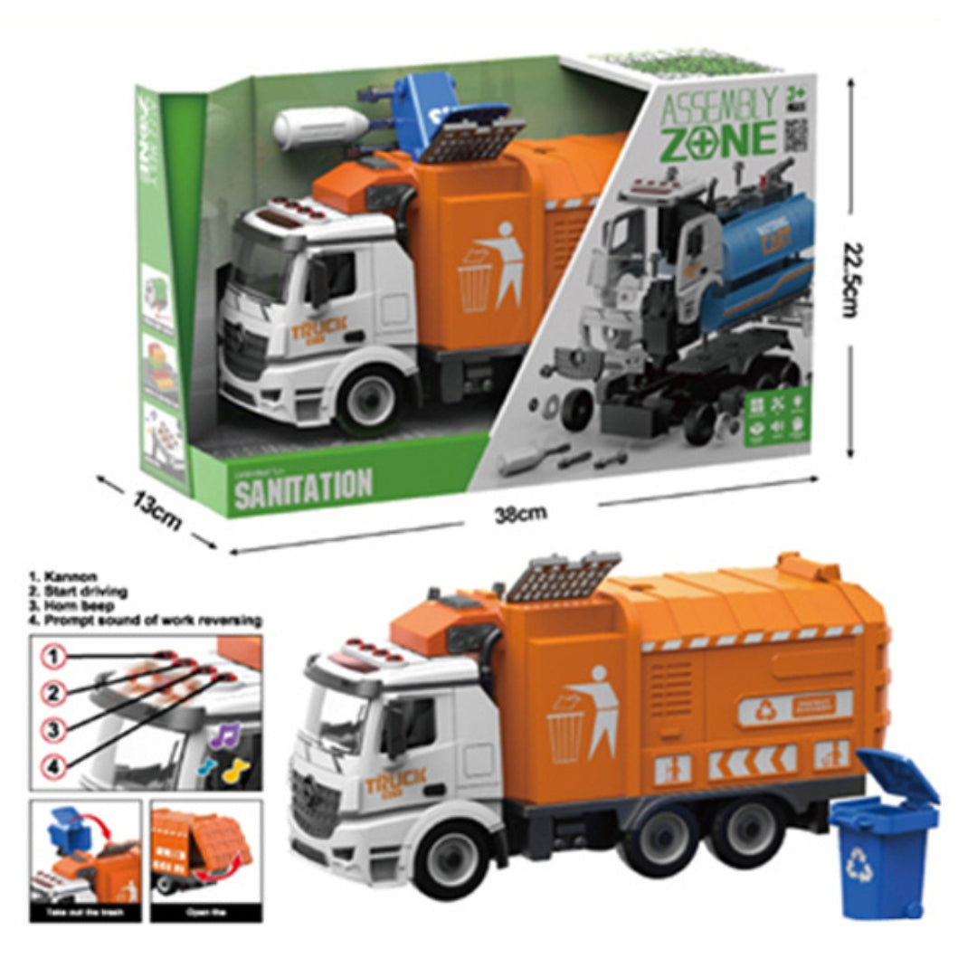 Assembly Zone Unlimited Fun Sanitation - Recycling Truck - Truck DIY (Friction Car With Light & Sound)