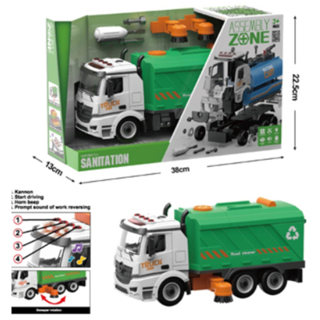 Assembly Zone Unlimited Fun Sanitation - Recycling Truck - Truck DIY (Friction Car With Light & Sound)