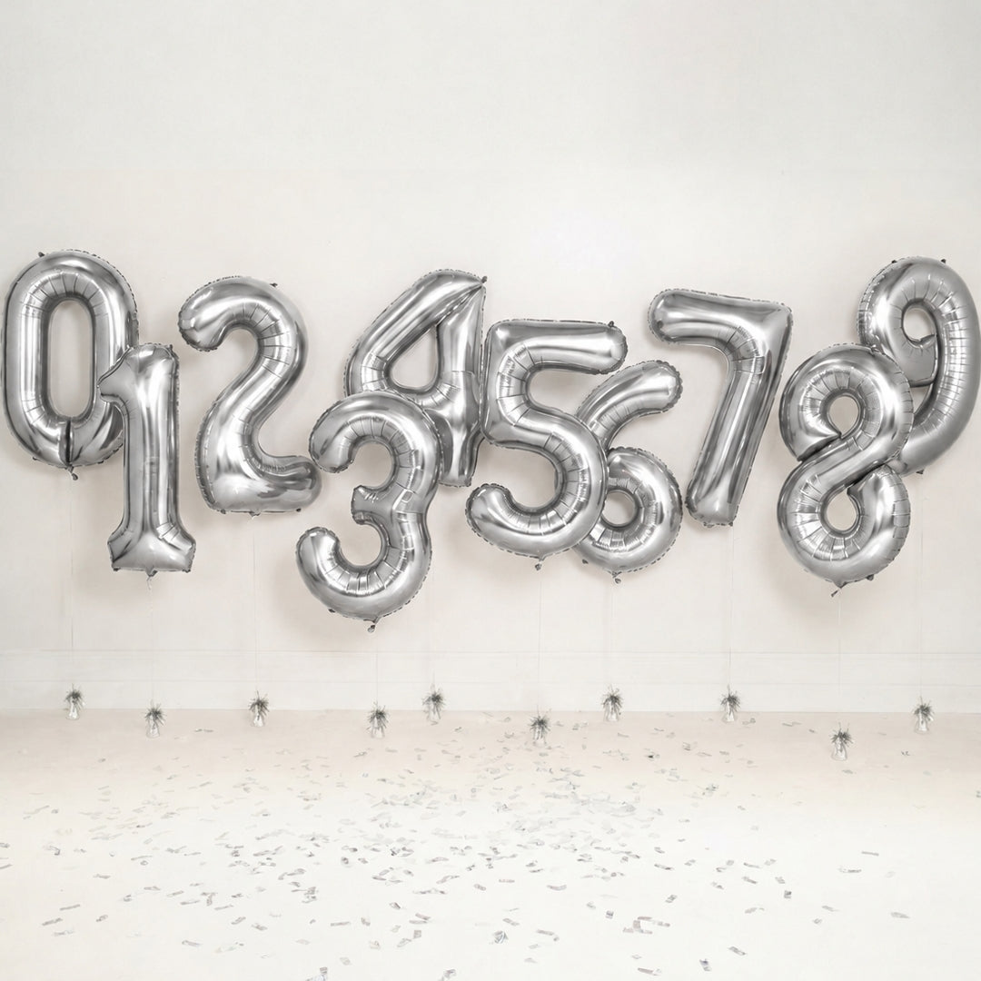 PartyDeco Helium Foil Balloon 86cm - All Numbers! - Metallic Silver