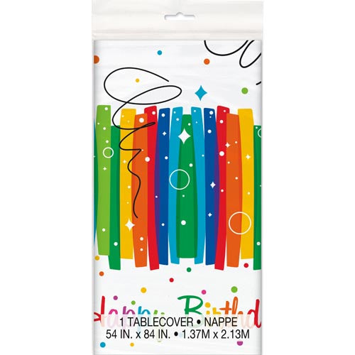 Unique Plastic Table Cover 1.37 x 2.13m - Rainbow Ribbons Birthday
