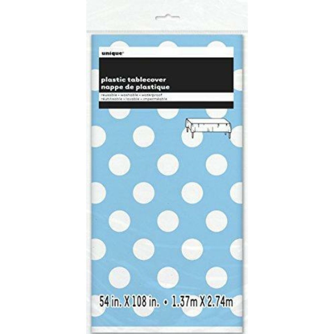 Unique Plastic Table Cover (1.37 x 2.13cm)?- White Dots on Light Blue