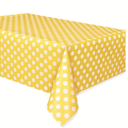 Unique Plastic Table Cover (1.37 x 2.13cm)- White Dots on Yellow