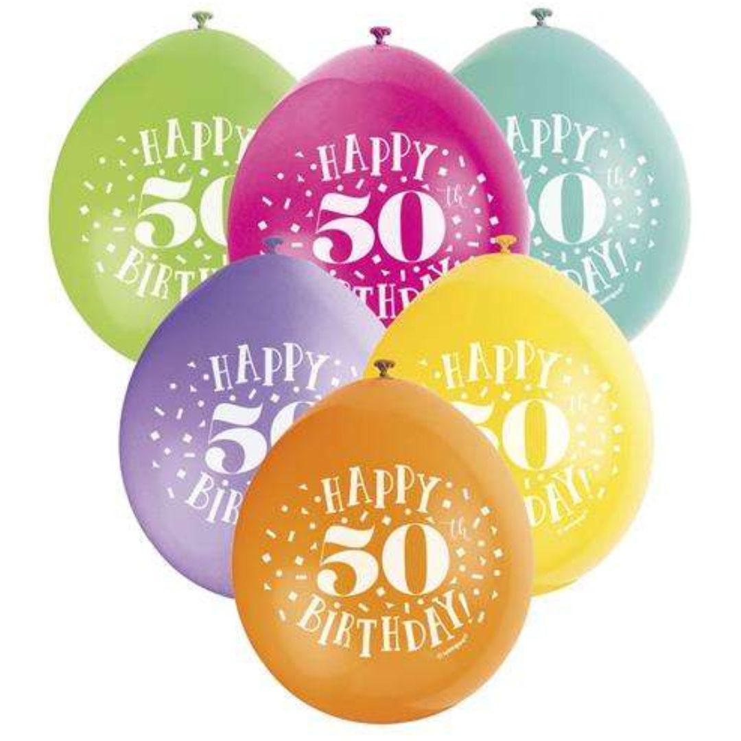 Unique "Happy 50th Birthday" balloons 10 pc - Assorted Colours