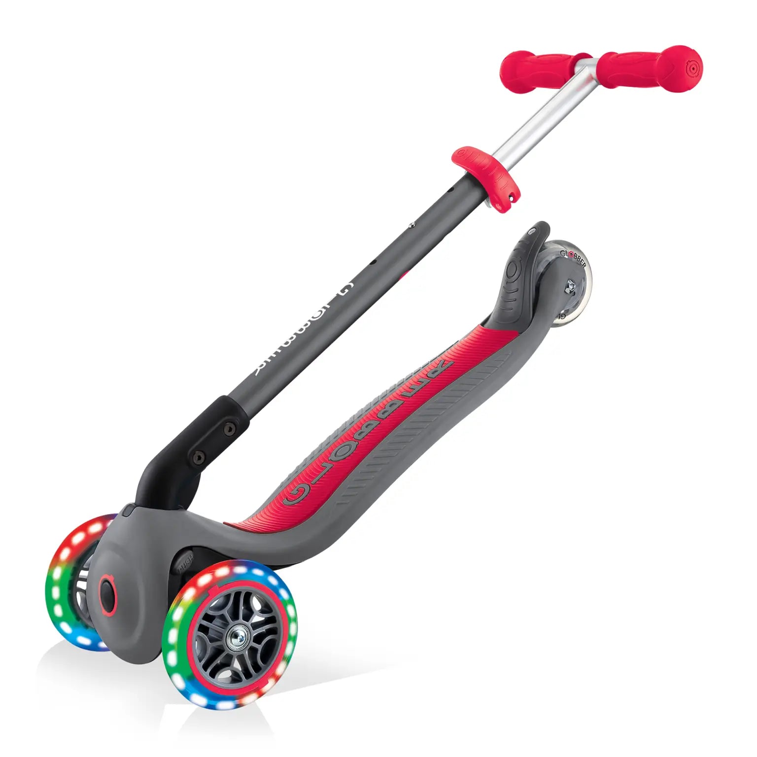 Globber PRIMO Foldable Lights 3 Wheel Scooter - Grey/Red