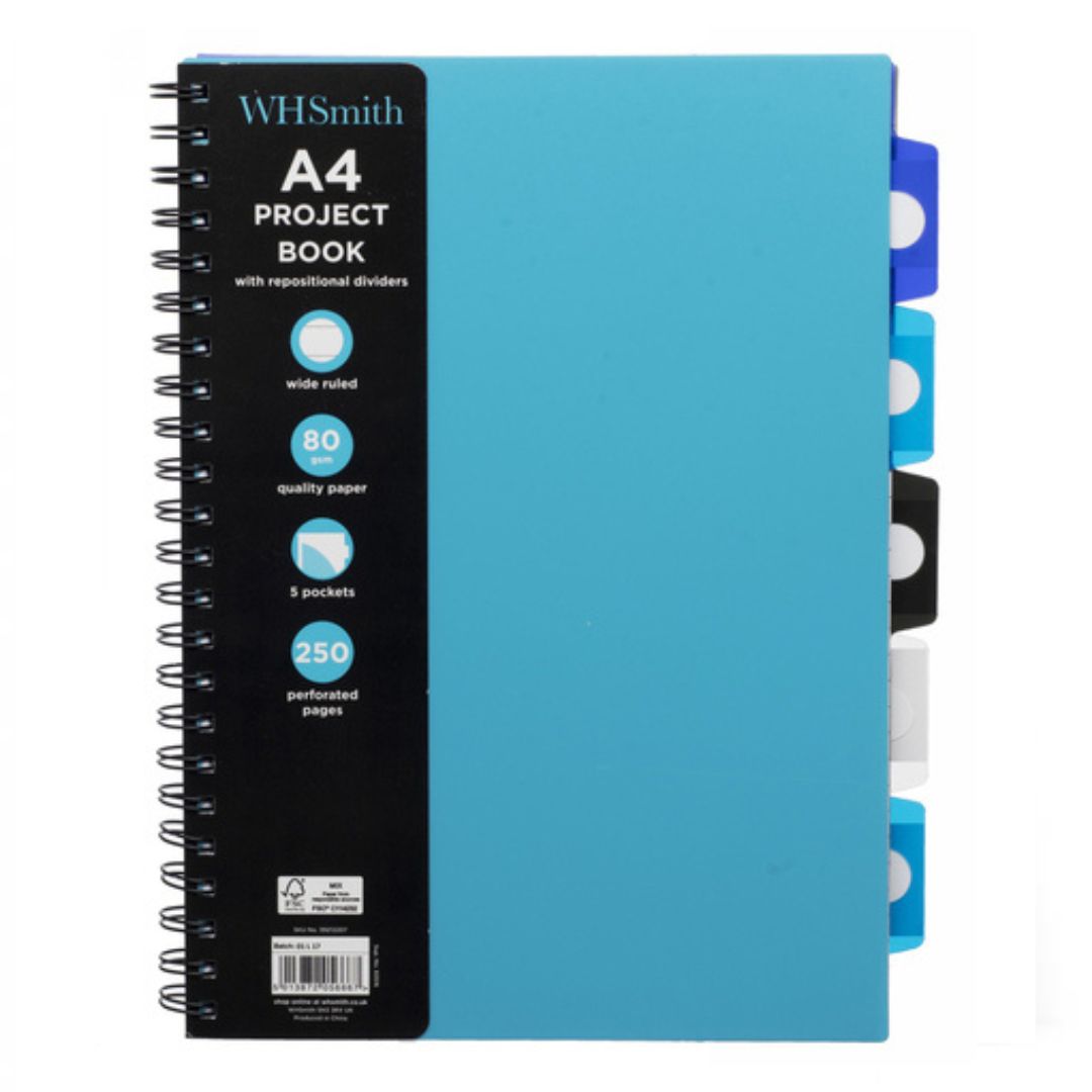 A4 WHSmith Blue Wide Ruled Project Notebook