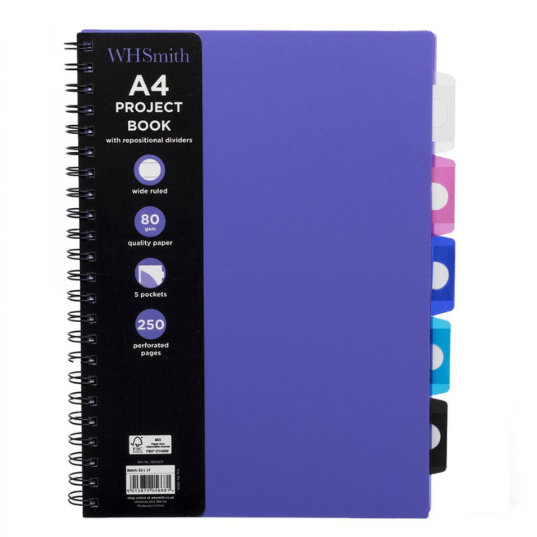 A4 WHSmith Purple Wide Ruled Project Notebook