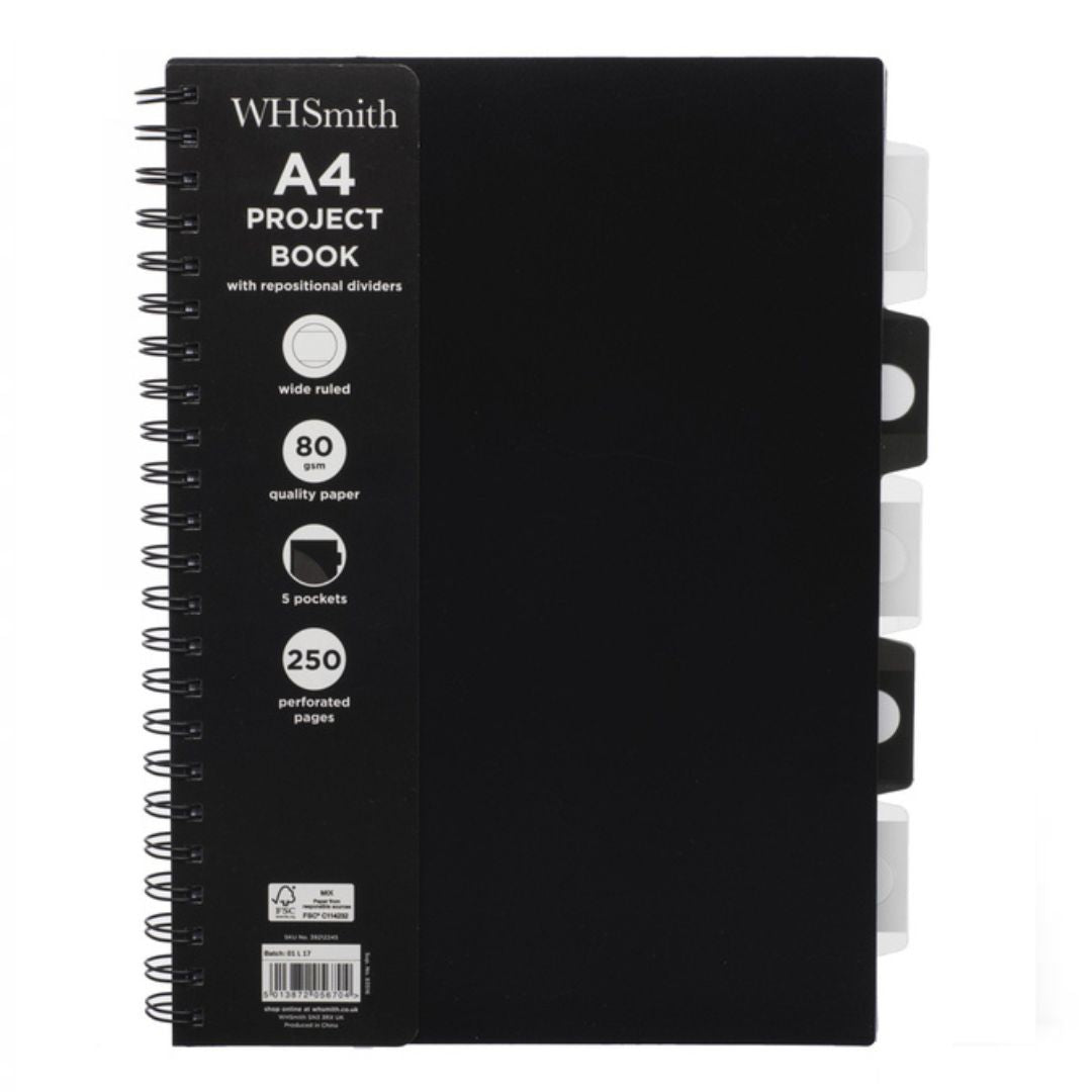 A4 WHSmith Black Wide Ruled Project Notebook