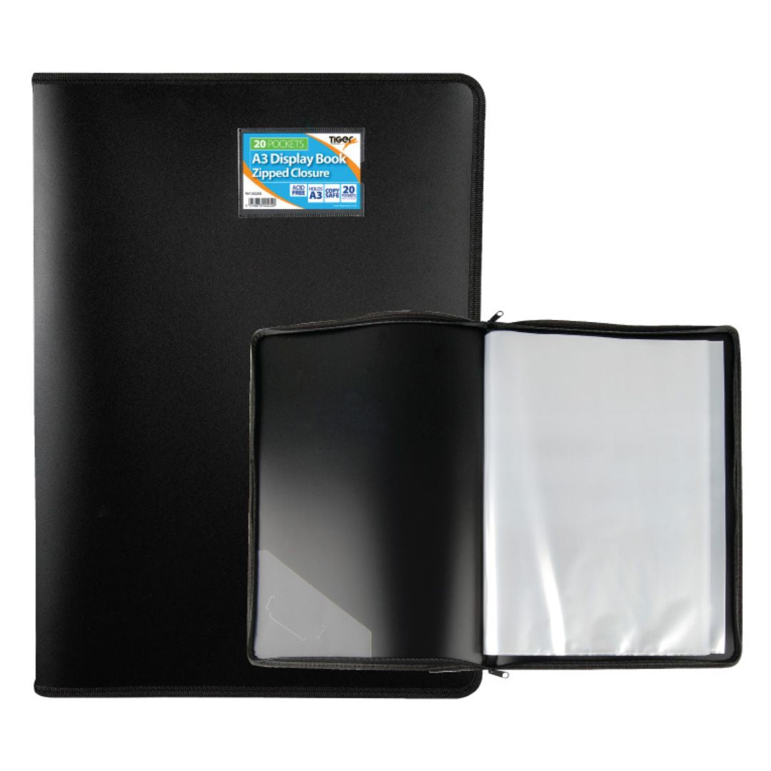 A3 Tiger Display Book Zipped Closure 20 Pockets - Black