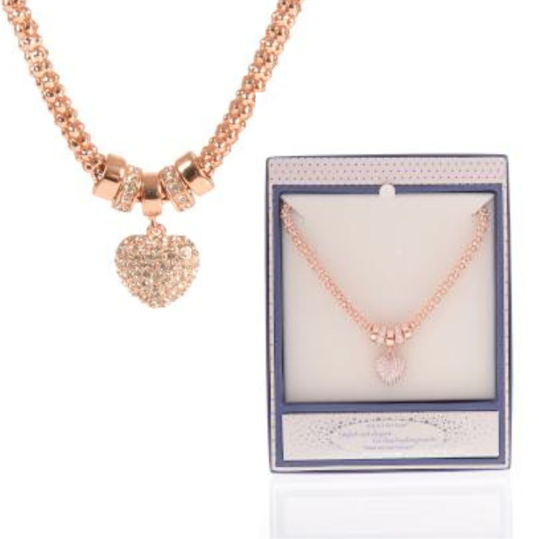 Heart Diamante Mesh Rose Gold Plated Necklace