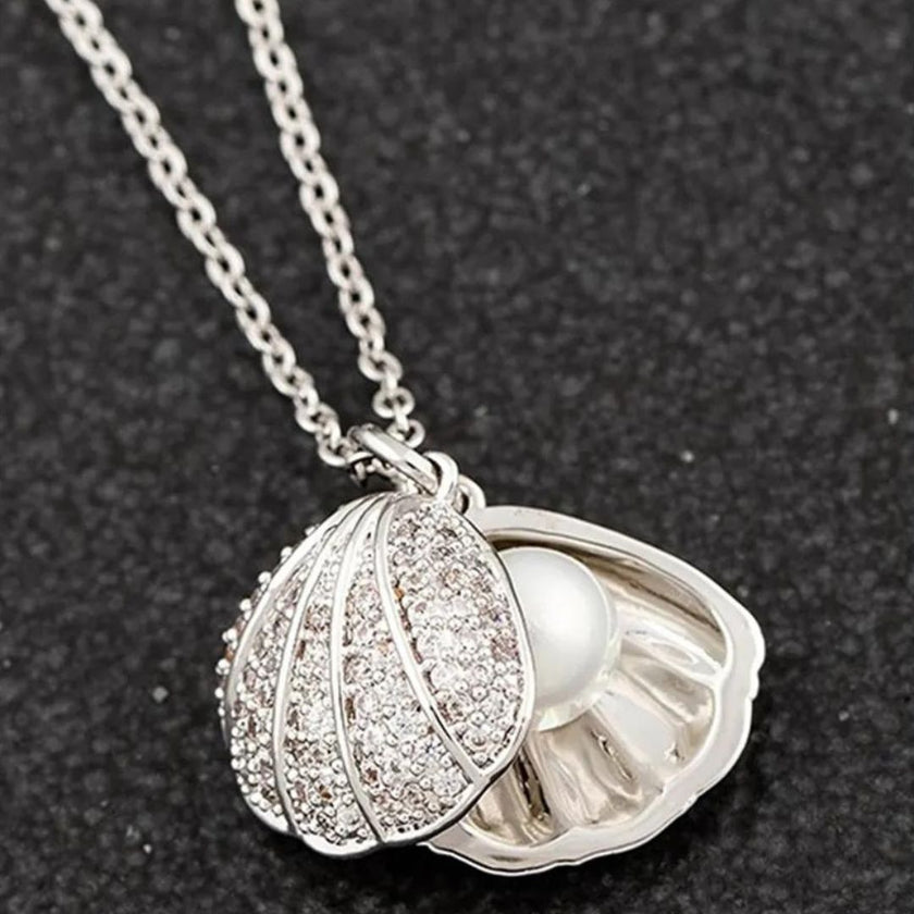 Seashore Diamante Pearl Shell Platinum Plated Necklace