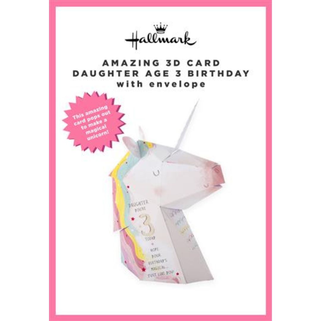 3D Unicorn Card 'Daughter, You're 3' Greeting Card