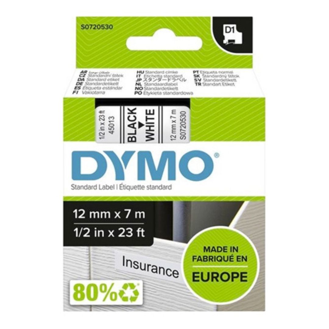 Dymo D1 Label Tape Black on White Plastic - 12mm x 7m