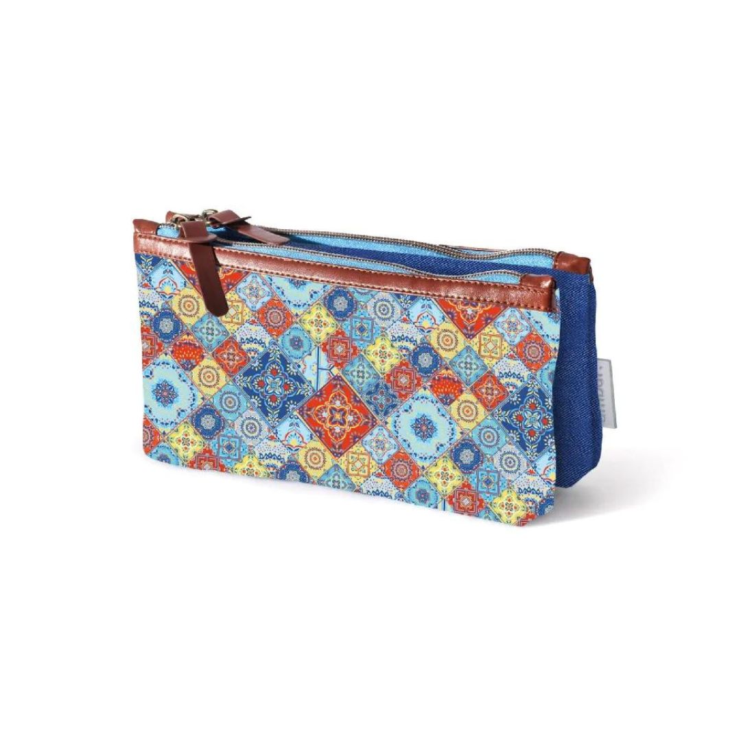 AMBAR Lusa Double Pencil Case 2 Zip, 2 Bags- Blue