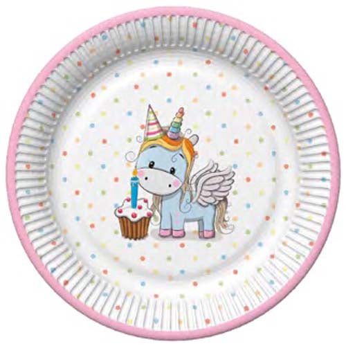 22.7cm Paper Plates x8pcs - Unicorn + Cupcake