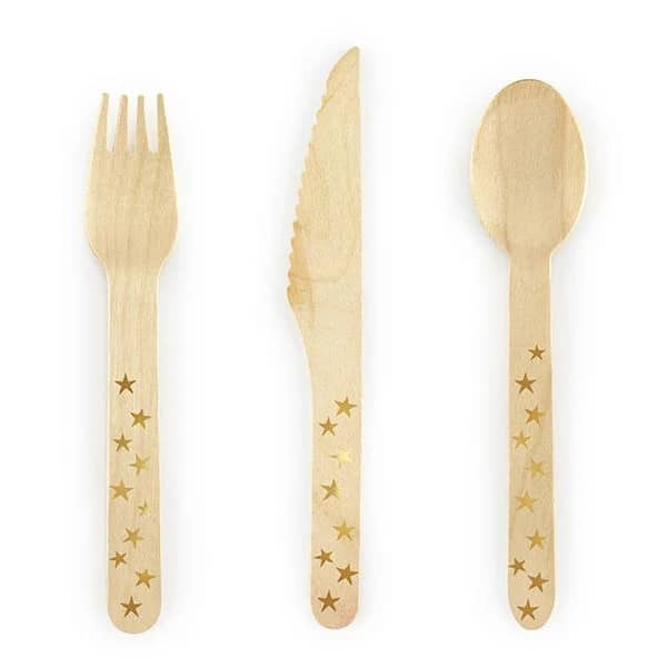 PartyDeco Wooden Cutlery Set&gt;Gold Stars