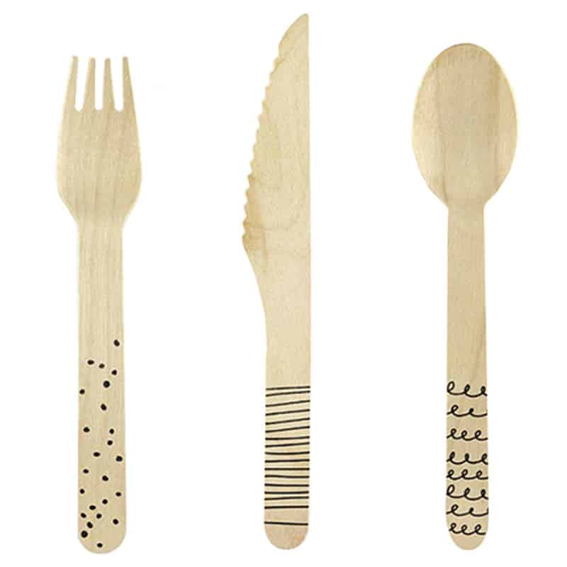 PartyDeco Wooden Cutlery Set&gt;Black Pattern