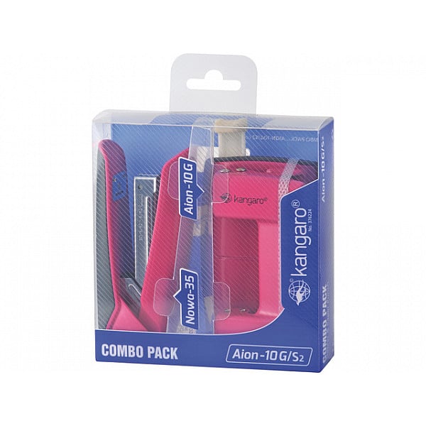 Kangaro Combo Set - Metal Stapler + 2 -Hole Punch, Hot Pink