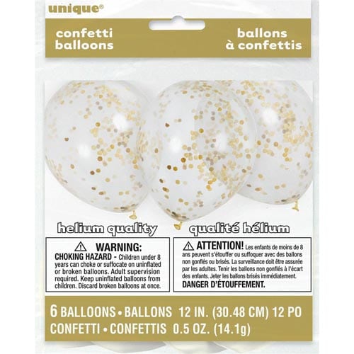 Unique 12" Confetti Latex Balloons x5 - Gold