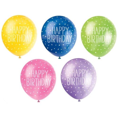 Unique 12" Pearlized Latex Balloons x5 - Happy Birthday