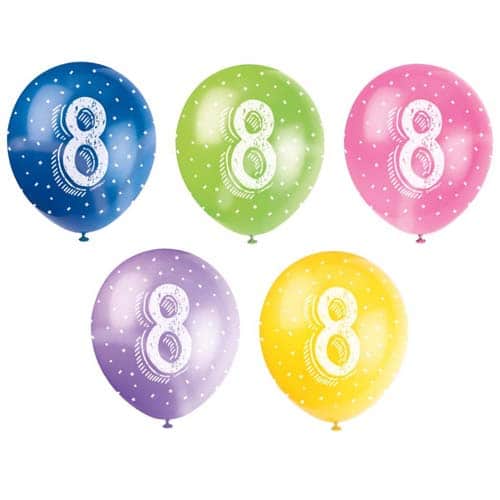 Unique 12" Pearlized Latex Balloons x5 - 8th Birthday