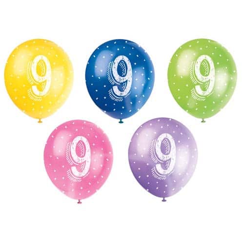 Unique 12" Pearlized Latex Balloons x5 - 9th Birthday