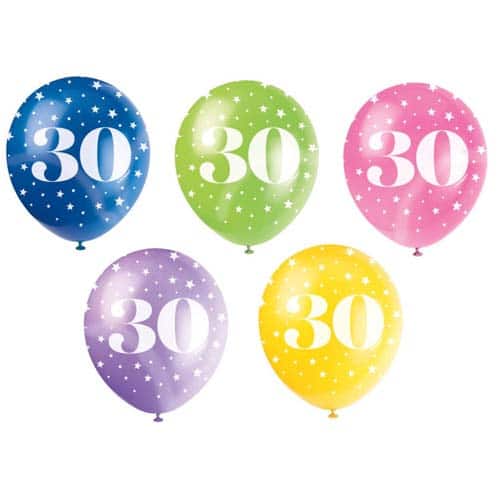 Unique 12" Pearlized Latex Balloons x5 - 30th Birthday