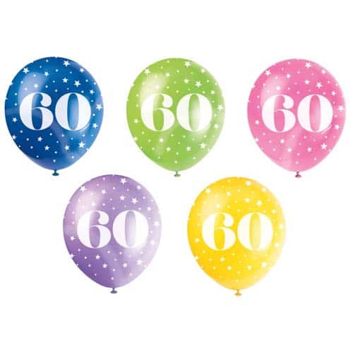 Unique 12" Pearlized Latex Balloons x5 - 60th Birthday