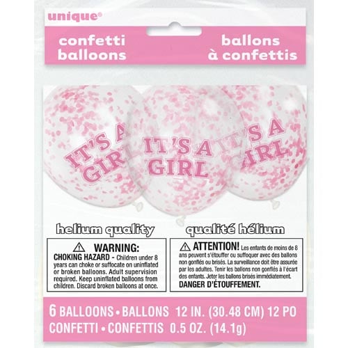 Unique 12" Confetti Balloons x6 - It's A Girl!