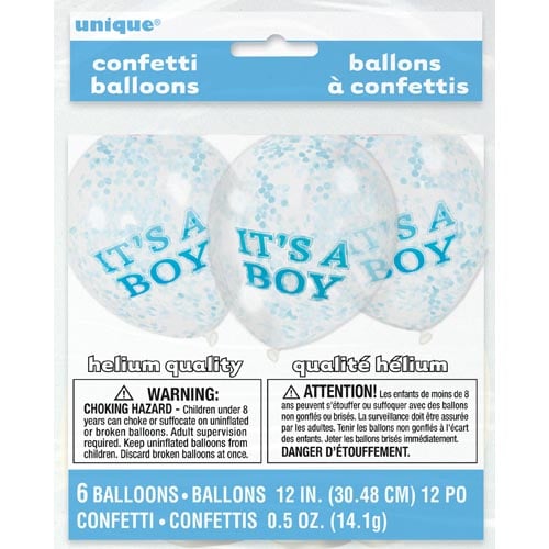 Unique 12" Confetti Balloons x6 - It's A Boy!